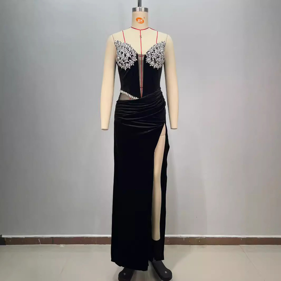 Women's Black Bandeau Slim-fit Hot Drilling Long Dress