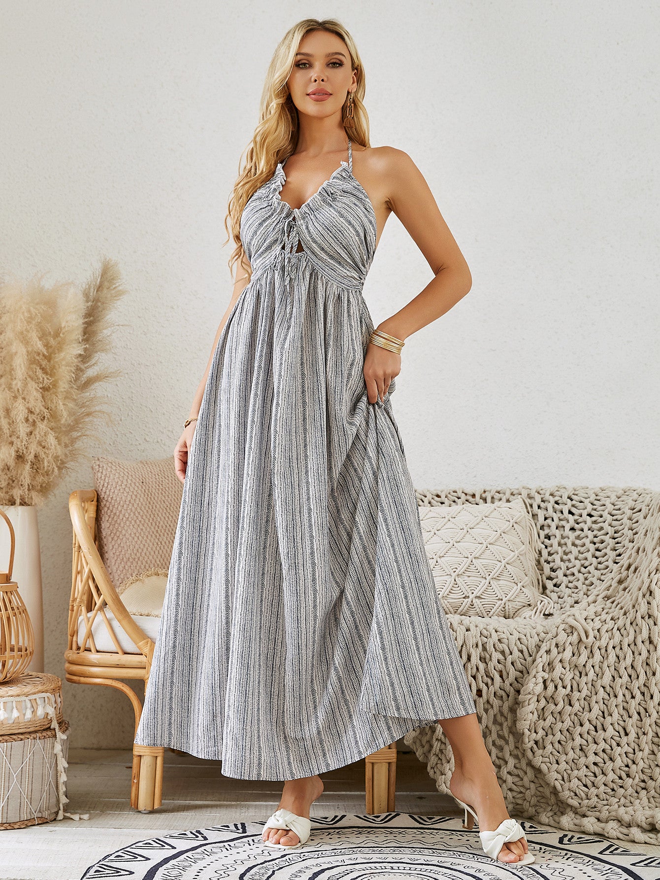 Bohemian Striped Halter Maxi Dress – Sleeveless Flowy Summer Beach Dress