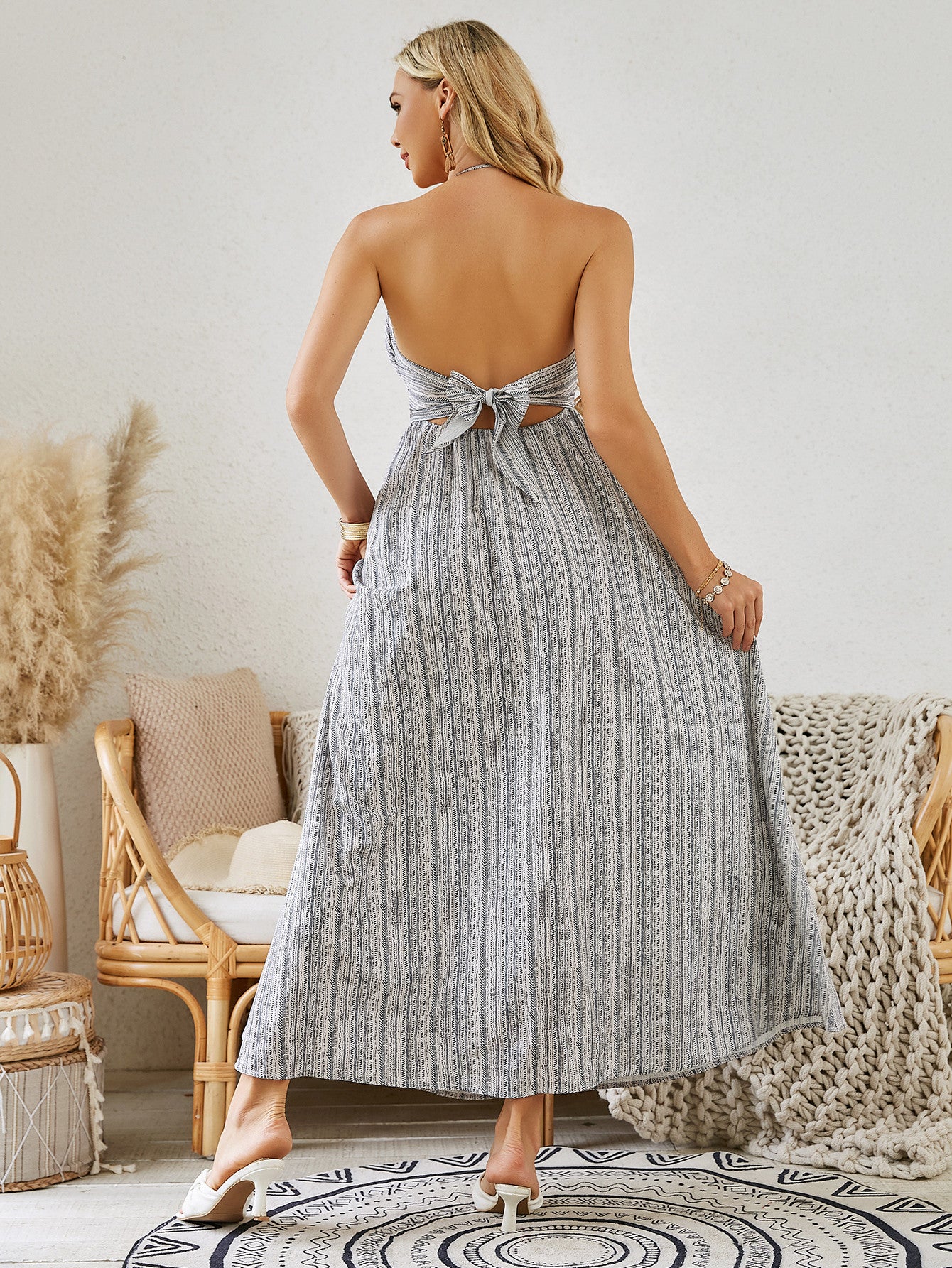 Bohemian Striped Halter Maxi Dress – Sleeveless Flowy Summer Beach Dress