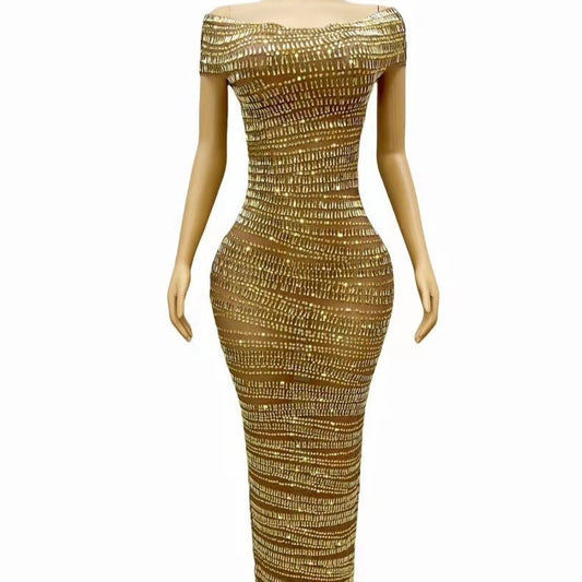 Sexy Luxury Shiny Rhinestone Dress Performance Costume Party Evening Dress