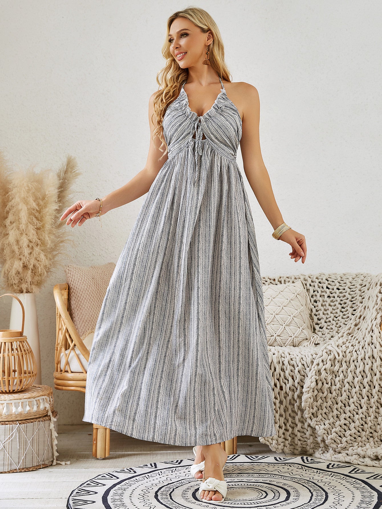 Bohemian Striped Halter Maxi Dress – Sleeveless Flowy Summer Beach Dress