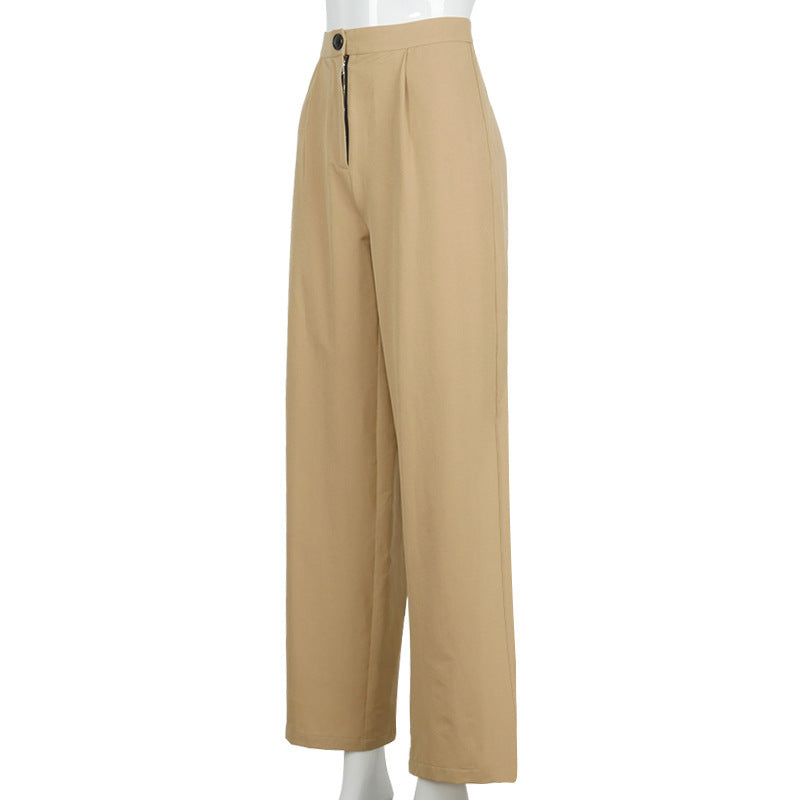 Khaki Women High Waist Loose Trousers