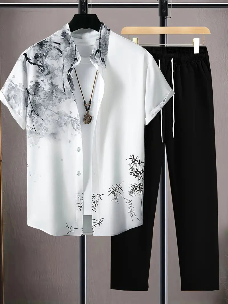 Color Gradient Plant Short Sleeve Shirt Trousers Suit