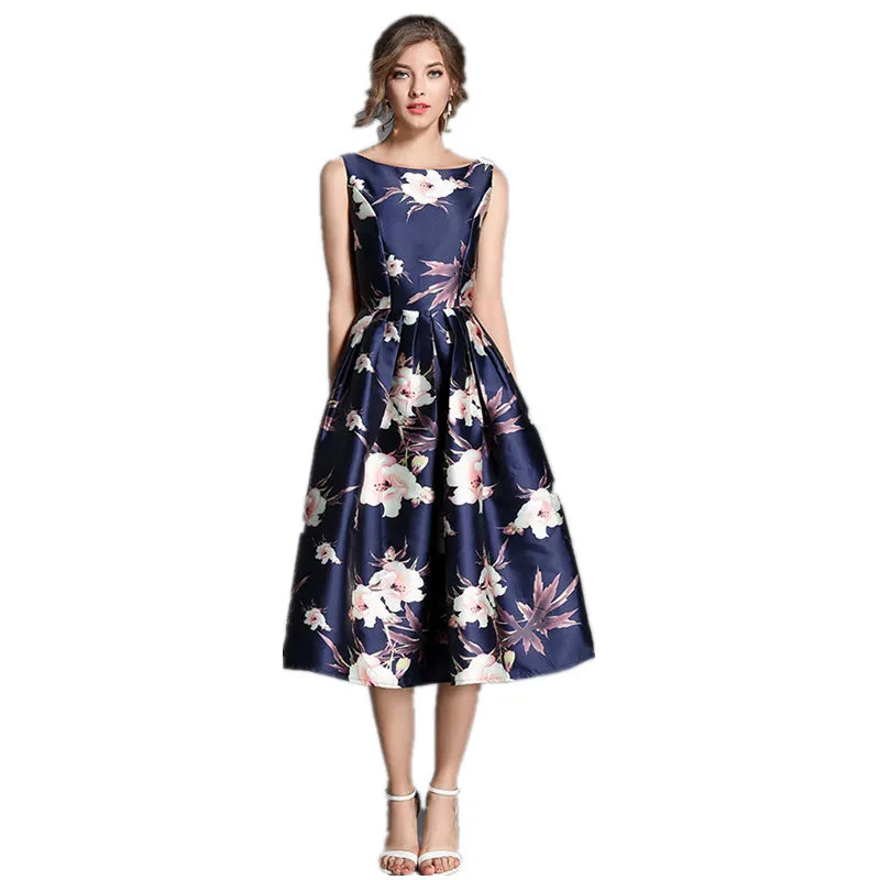 High Quality New European Style Spring Summer Blue Print Dress Women Retro Casual Robe Femme Party Dressses