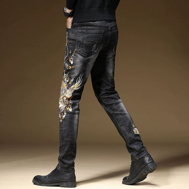 Personalized Patterns Jeans with Classical Chinese-Style Embroidery Flower