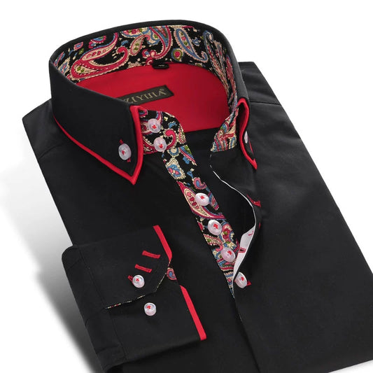 Slim Fit Chinese-Style Double-Collar Long-Sleeve Shirt