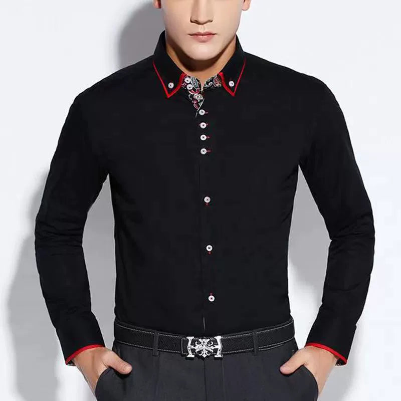 Slim Fit Chinese-Style Double-Collar Long-Sleeve Shirt