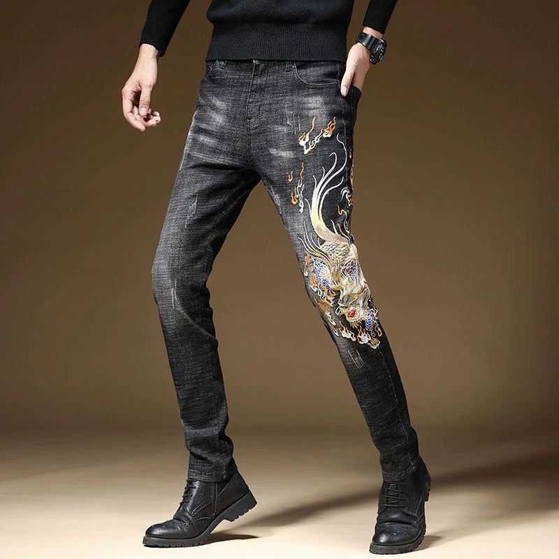 Personalized Patterns Jeans with Classical Chinese-Style Embroidery Flower