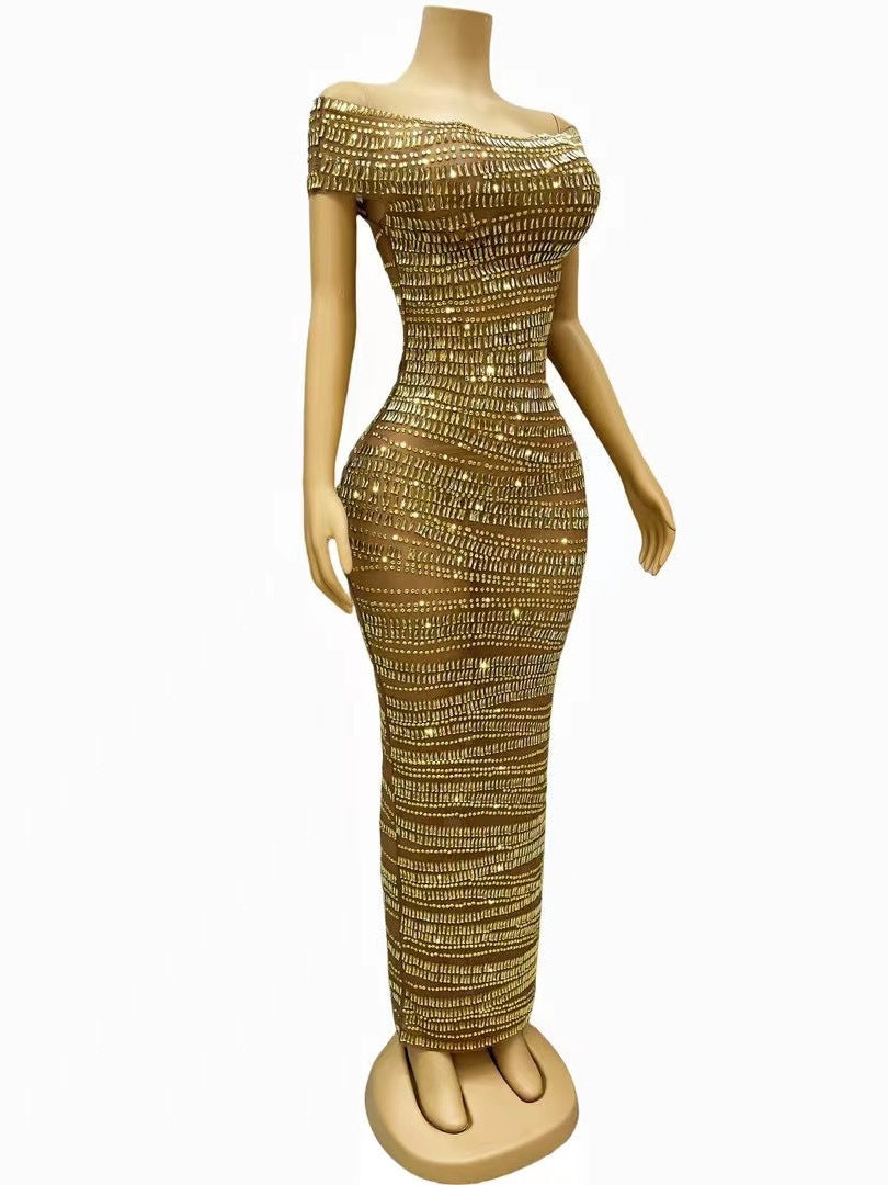 Sexy Luxury Shiny Rhinestone Dress Performance Costume Party Evening Dress