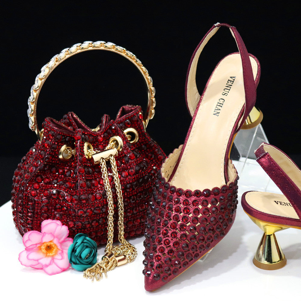 Colorful Stone Bucket Handbag With Pointed Toe Women's Pumps Middle Heel