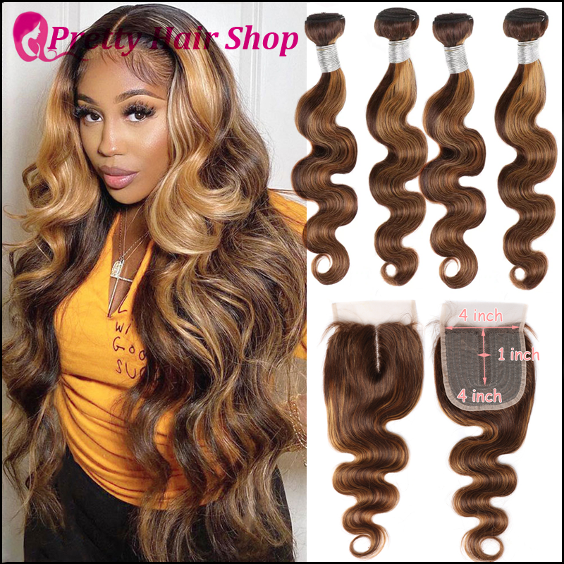 4pcs Peruvian Human Hair Weave with P4/27 Color Lace Closure