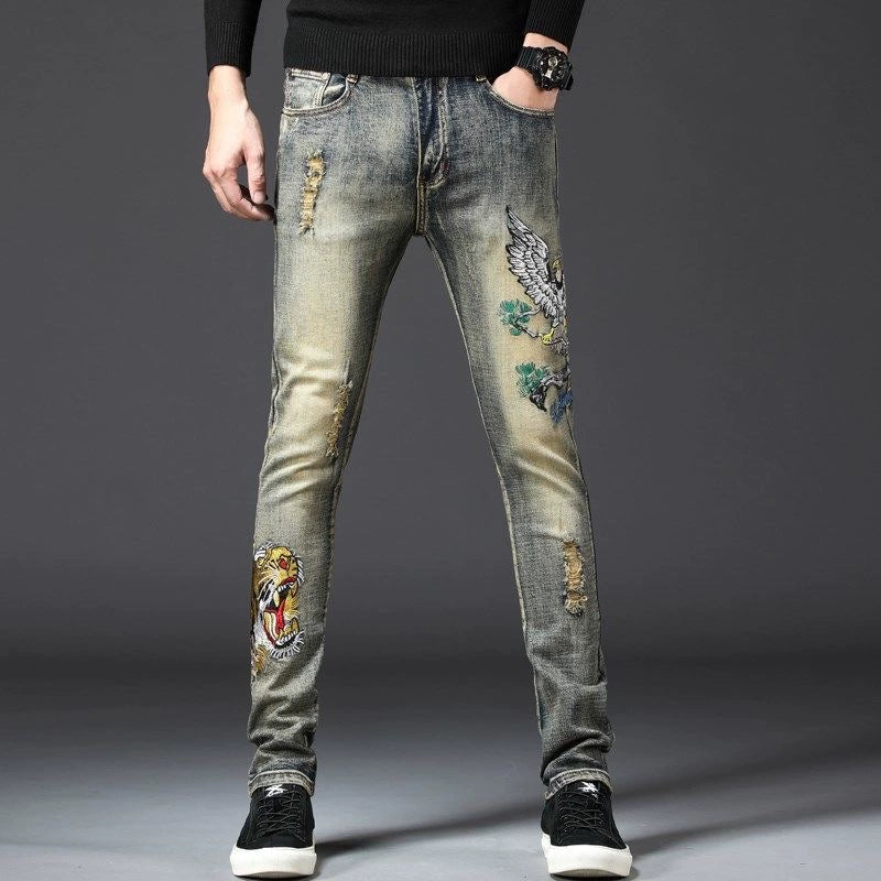 Chinese Style Men's Fashion Elastic Slim-Fit Small Foot Embroidery