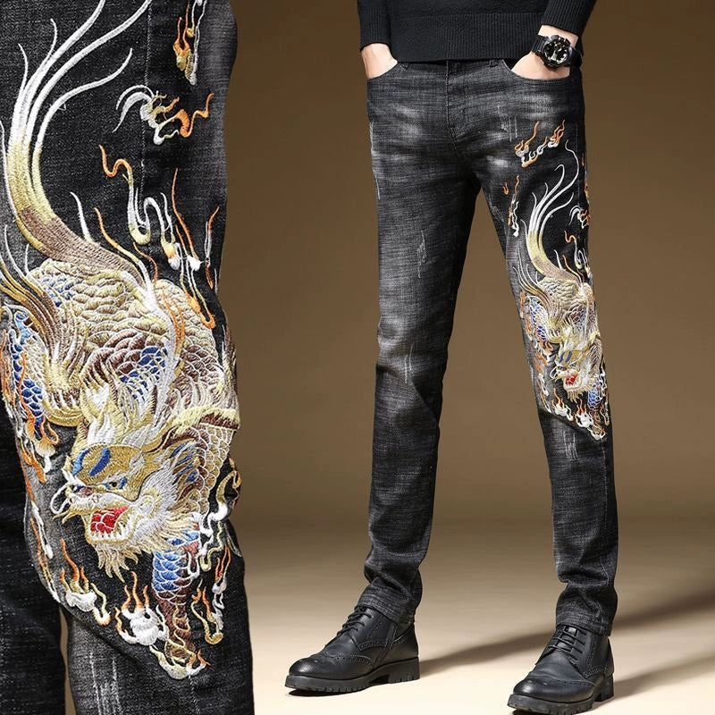 Personalized Patterns Jeans with Classical Chinese-Style Embroidery Flower