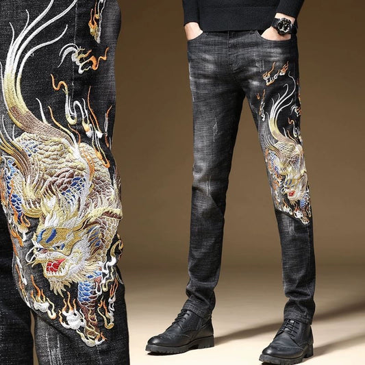 Personalized Patterns Jeans with Classical Chinese-Style Embroidery Flower