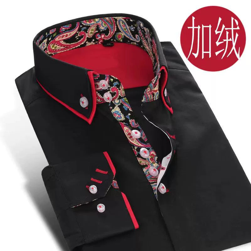 Slim Fit Chinese-Style Double-Collar Long-Sleeve Shirt