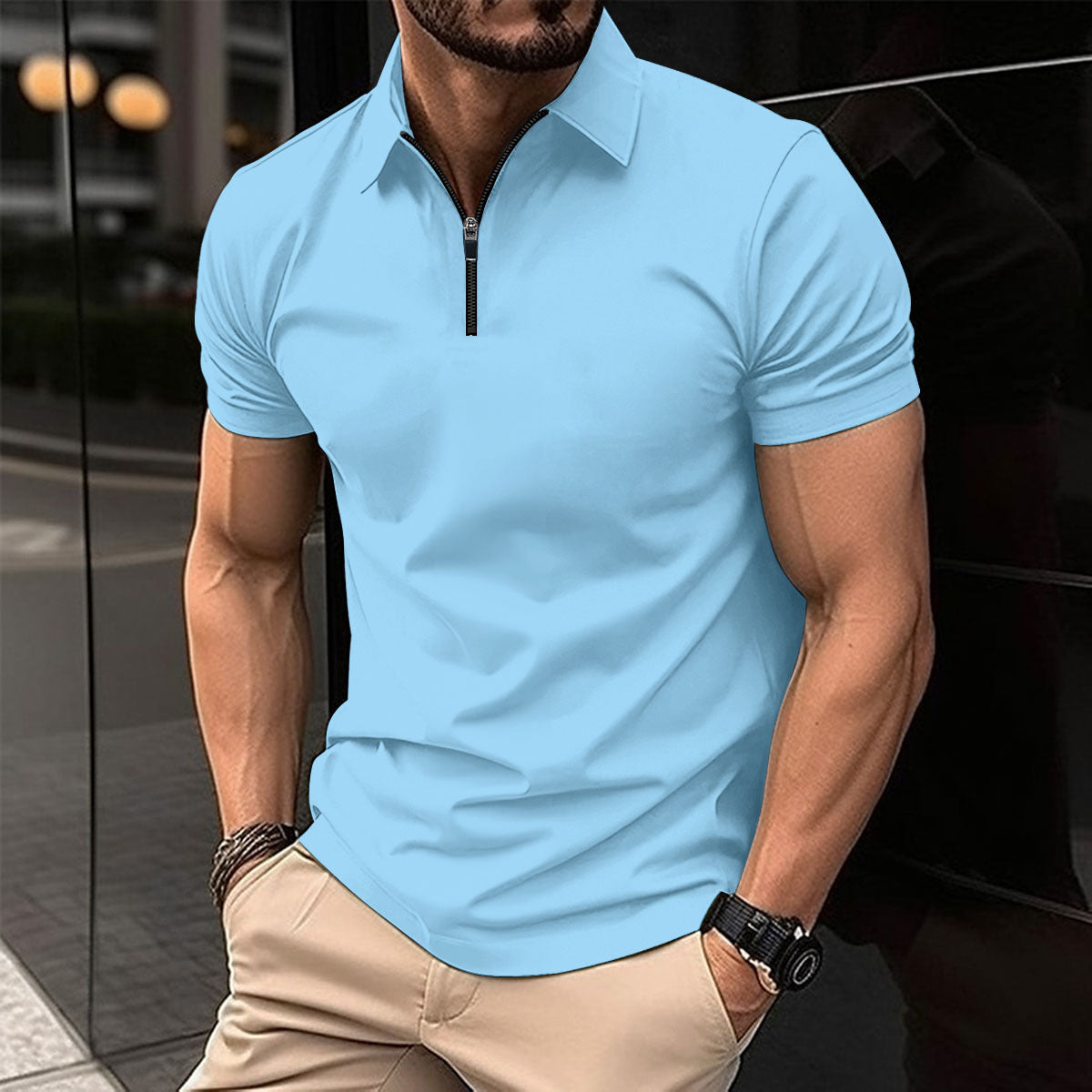 Summer Zipper Solid Color Men's Sports Top