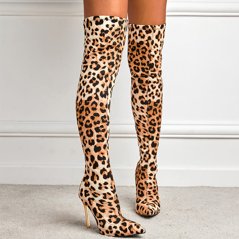 Winter Fashion Leopard Print Pointed-toe Skinny Stiletto Heel High Leg Boot