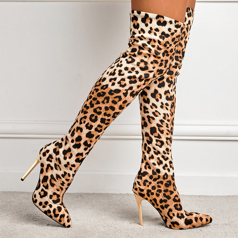 Winter Fashion Leopard Print Pointed-toe Skinny Stiletto Heel High Leg Boot