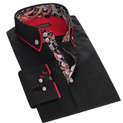 Slim Fit Chinese-Style Double-Collar Long-Sleeve Shirt