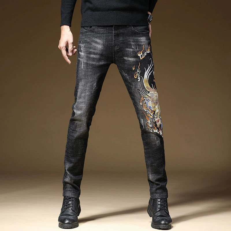 Personalized Patterns Jeans with Classical Chinese-Style Embroidery Flower