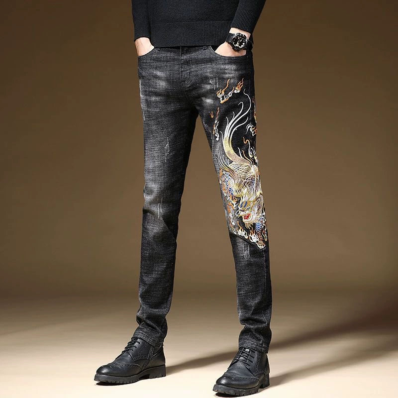 Personalized Patterns Jeans with Classical Chinese-Style Embroidery Flower