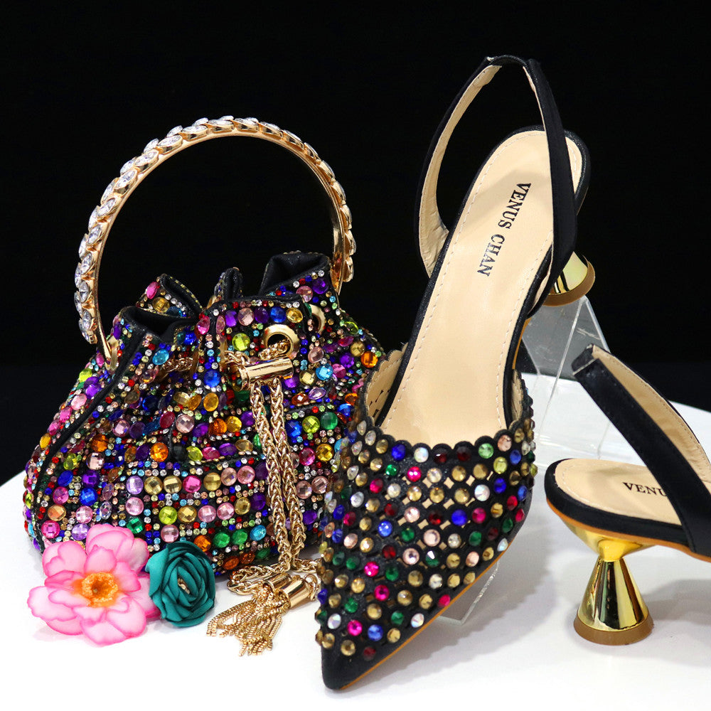 Colorful Stone Bucket Handbag With Pointed Toe Women's Pumps Middle Heel