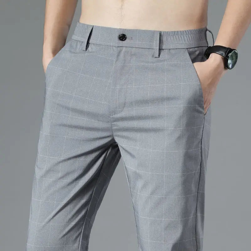 Male Trousers Check Cooling Ice Silk Plaid Straight Up