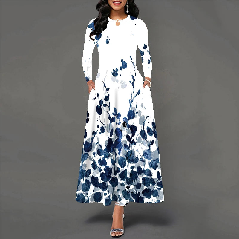 Ladies Autumn Winter Long Dress Women White Long Sleeve V-neck Elegant Dresses Party Casual Floral Print Vintage Dress For Women