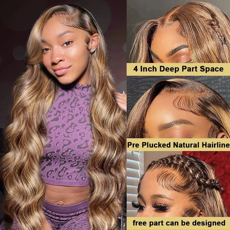 13x6 Highlight Body Wave Human Hair Wig 4/27 Ombre 13x4 HD Transparent 200 Density Lace Front Wigs Brazilian Hair For Women