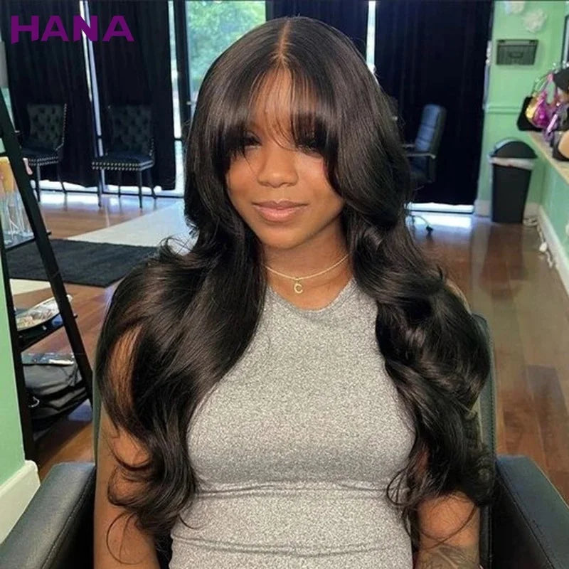 Burgundy Red Color Body Wave With Bangs 13x6 Lace Frontal Wigs Peruvian Remy Human Hair Wig For Black Women 5x7 Lace Closure Wig