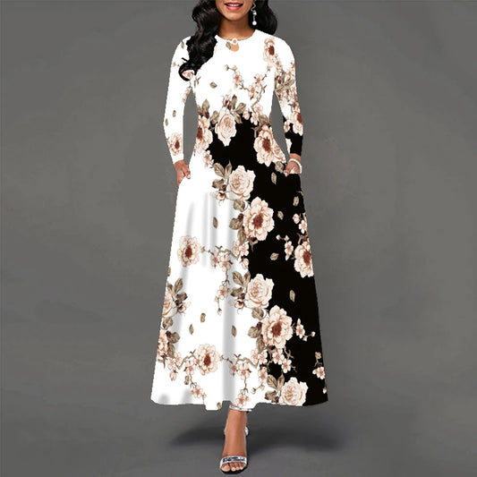 Ladies Autumn Winter Long Dress Women White Long Sleeve V-neck Elegant Dresses Party Casual Floral Print Vintage Dress For Women