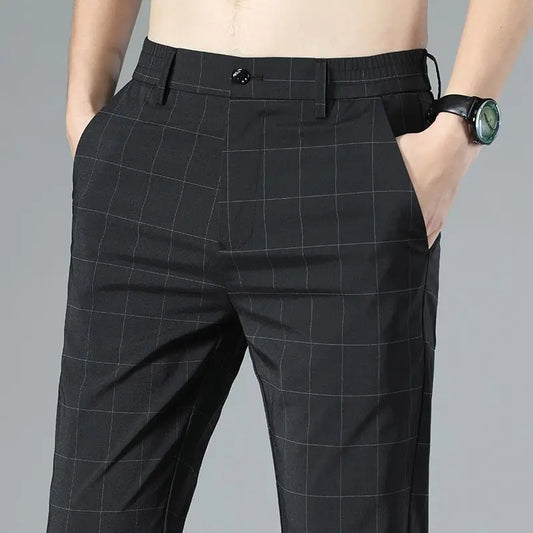 Male Trousers Check Cooling Ice Silk Plaid Straight Up