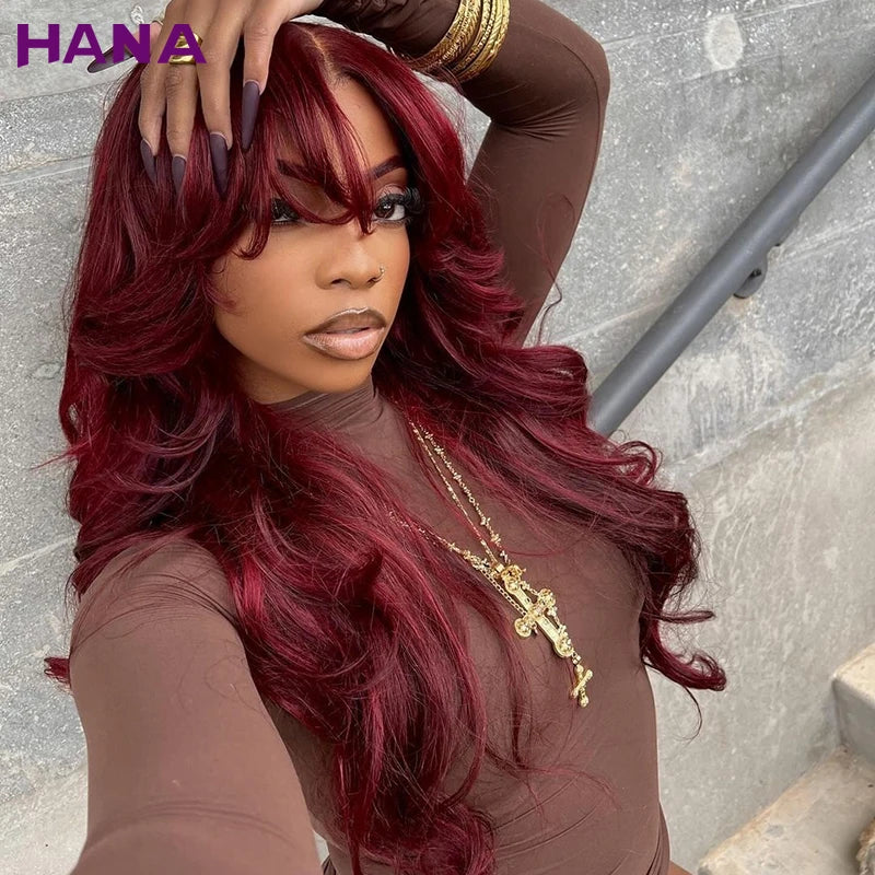 Burgundy Red Color Body Wave With Bangs 13x6 Lace Frontal Wigs Peruvian Remy Human Hair Wig For Black Women 5x7 Lace Closure Wig