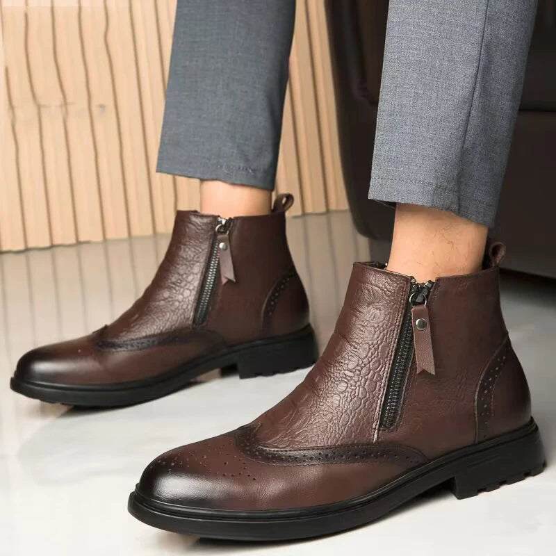 Genuine Leather Men Side Zipper Ankle Boots 2023 Men Winter Plush Snow Boots Fashion Men Casual Low Top Shoes All-match Men Shoe