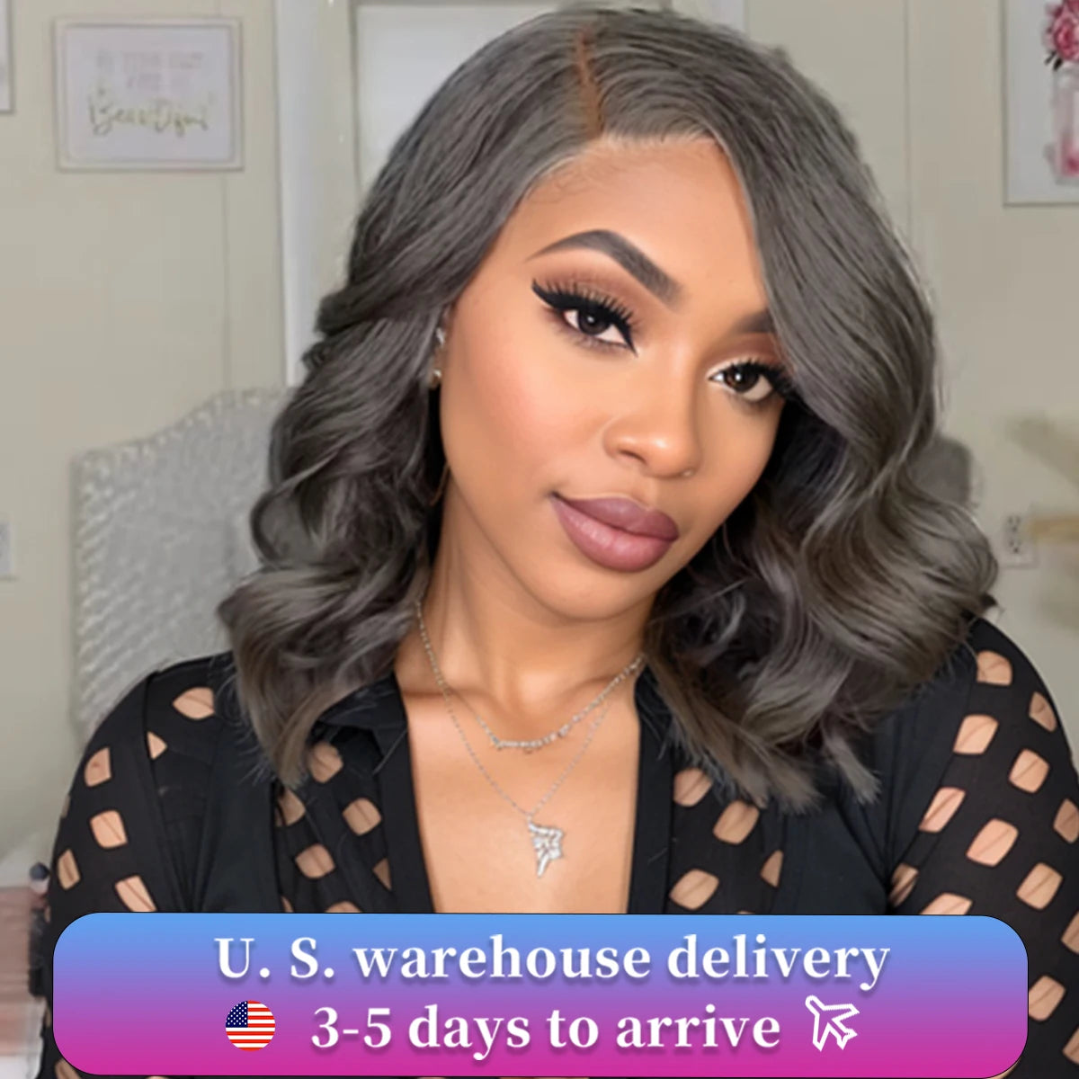 Human Hair Lace Front Wigs Grey bob loose wave wigs Salt and Pepper