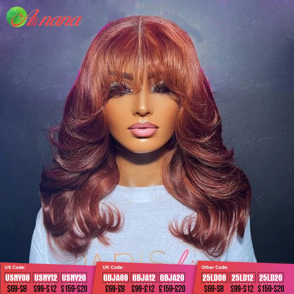 Reddish Brown Colored Body Wave With Bangs 13x6 Lace Frontal Wig Brazilian Remy Human Hair Wig For Women 5x7 Lace Closure Wigs