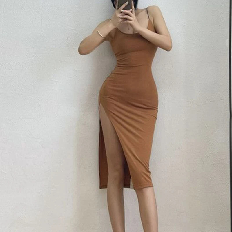 New Sexy Sleeveless Slim Long Dress Women Party Club High Split Spaghetti Strap Dresses Woman Bodycon Dress Female