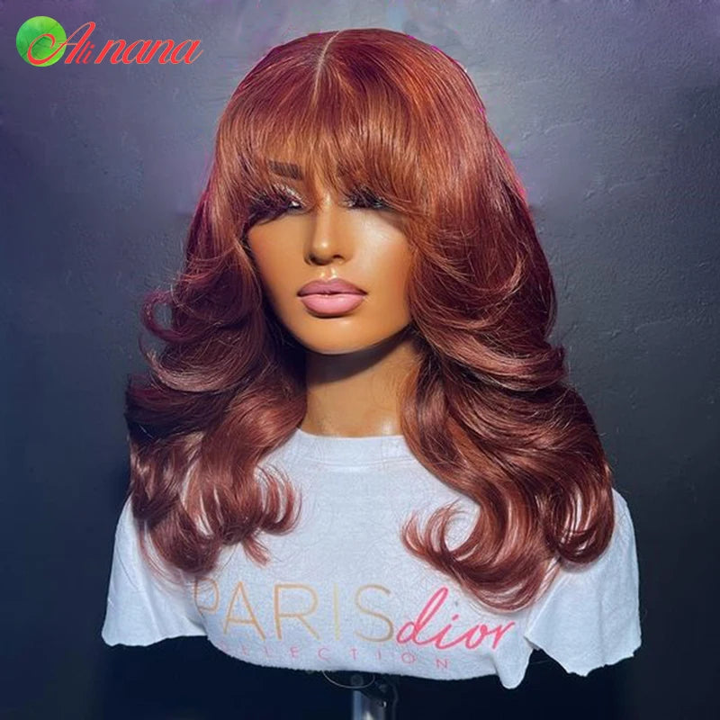 Reddish Brown Colored Body Wave With Bangs 13x6 Lace Frontal Wig Brazilian Remy Human Hair Wig For Women 5x7 Lace Closure Wigs