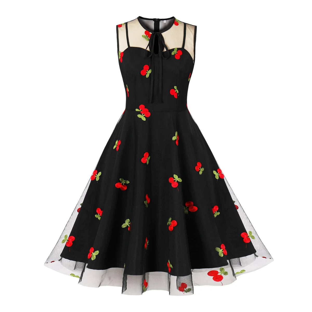 2024 New Hepburn Women Vintage O Neck Mesh Bow Embroidery Swing A Line Dress 50s 60s Cocktail Party Retro Medium Length Dresses