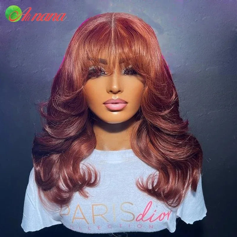 Reddish Brown Colored Body Wave With Bangs 13x6 Lace Frontal Wig Brazilian Remy Human Hair Wig For Women 5x7 Lace Closure Wigs