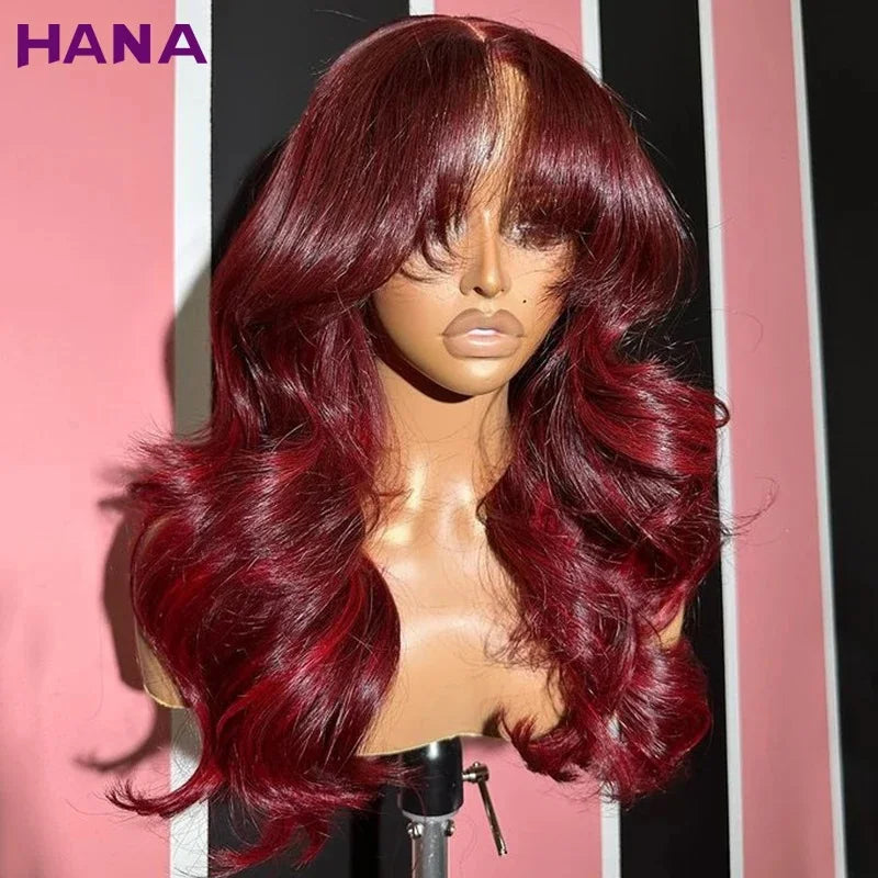 Burgundy Red Color Body Wave With Bangs 13x6 Lace Frontal Wigs Peruvian Remy Human Hair Wig For Black Women 5x7 Lace Closure Wig