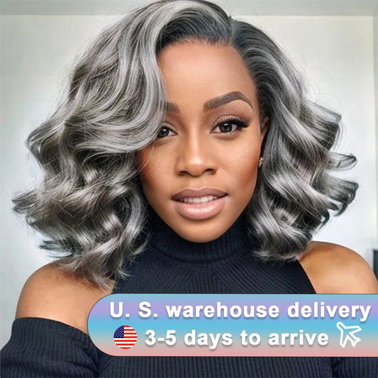 10 Inch Salt and Pepper Body Wave Short Bob Wig 5x5 Glueless Closure Wig Human Hair Wigs Lace Frontal Wig For Black Women