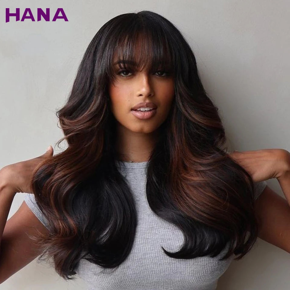 Highlight Dark Brown Colored Body Wave 13x6 Lace Front Wig Remy Human Hair Wigs With Bangs 200% Density 7x5 Lace Closure Wig