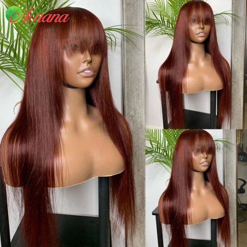 Reddish Brown Colored Body Wave With Bangs 13x6 Lace Frontal Wig Brazilian Remy Human Hair Wig For Women 5x7 Lace Closure Wigs