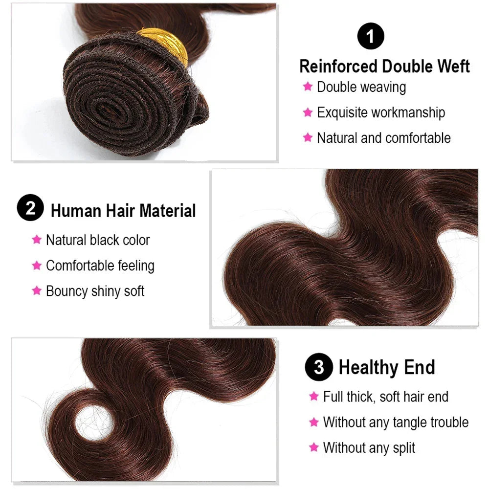 Dark Brown Body Wave Bundles – 100% Remy Human Hair, 18-30 Inches, Brazilian Double Draw