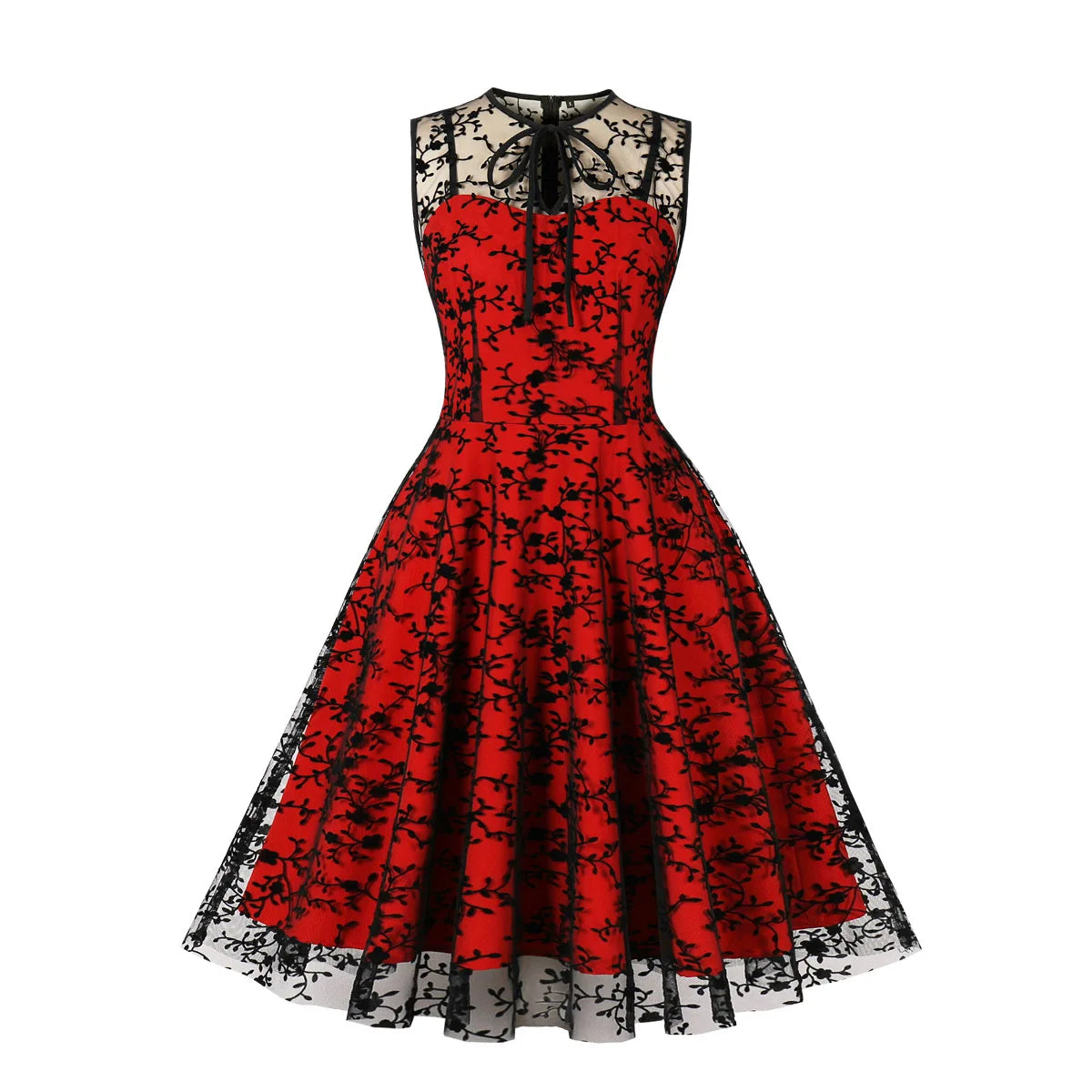 2024 New Hepburn Women Vintage O Neck Mesh Bow Embroidery Swing A Line Dress 50s 60s Cocktail Party Retro Medium Length Dresses