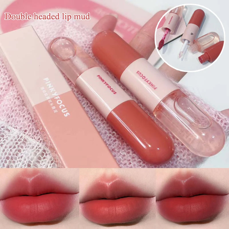 Mirror Double Headed Lip Glaze Gloss Long-lasting Waterproof Crystal Cherry Red Matte Lips Mud Lipstick Korean Makeup Cosmetics