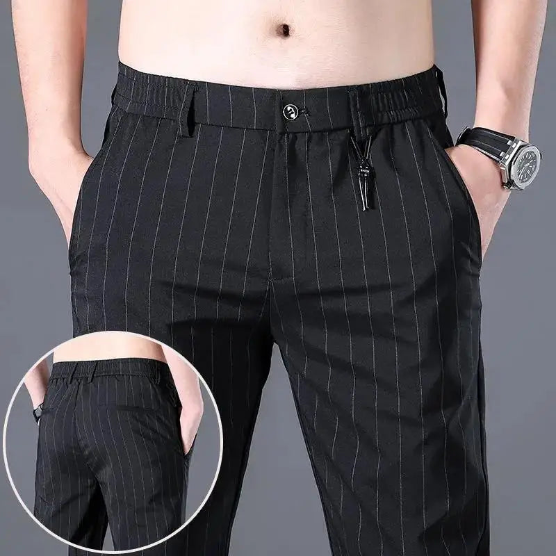 Male Trousers Check Cooling Ice Silk Plaid Straight Up