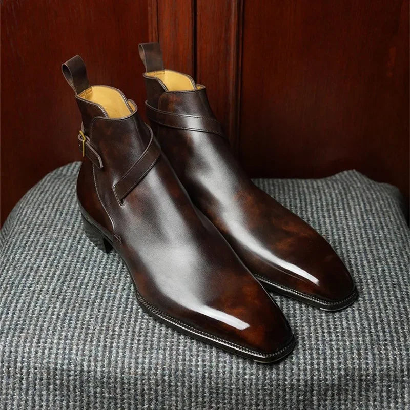 Brown Short Boots Square Toe Men Boots