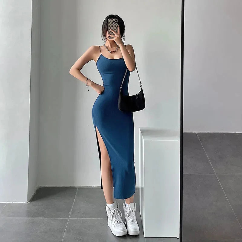 New Sexy Sleeveless Slim Long Dress Women Party Club High Split Spaghetti Strap Dresses Woman Bodycon Dress Female